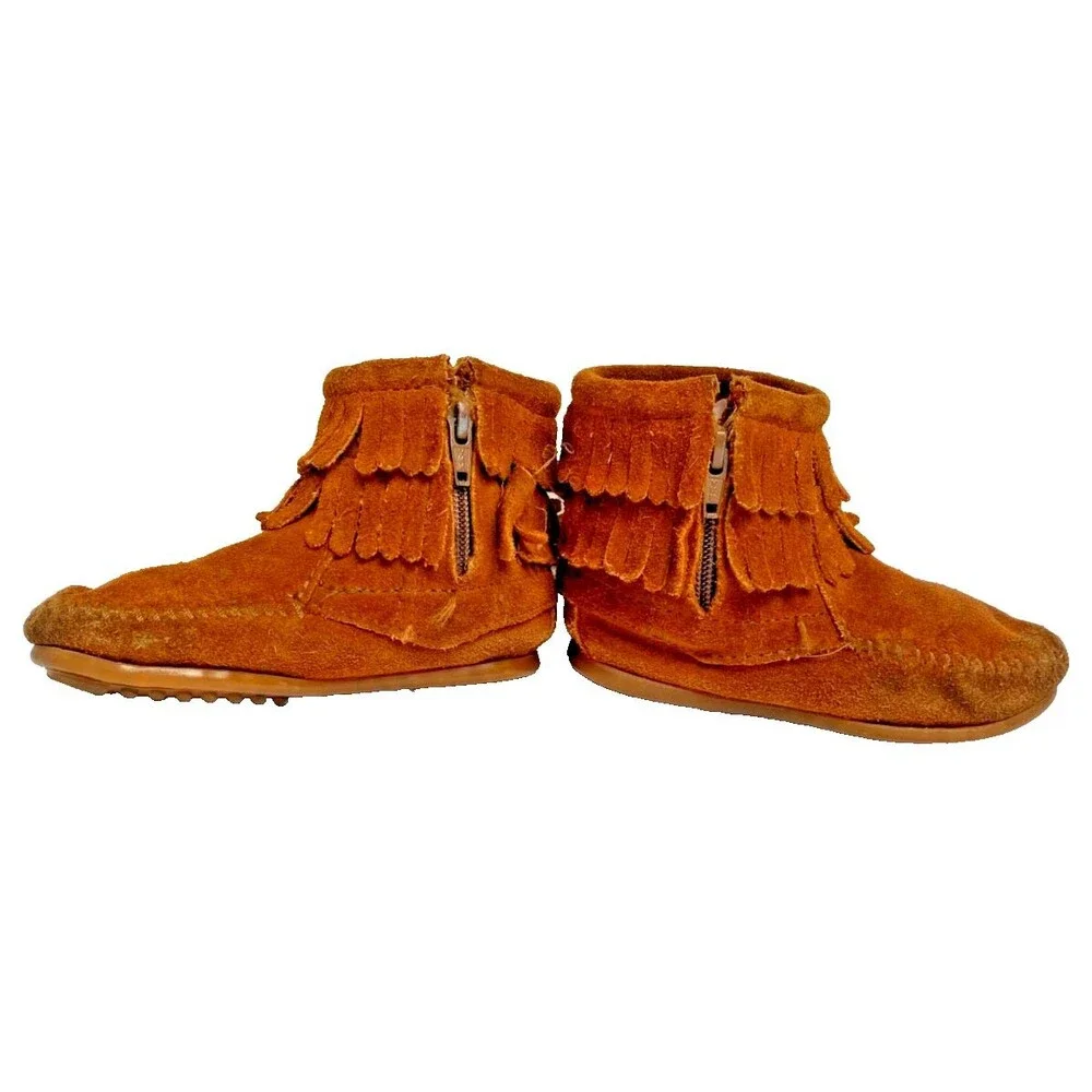 Minnetonka Girl's Brown Suede Leather Fringe Ankle Boots Moccasin Zipper -Sz 9T
